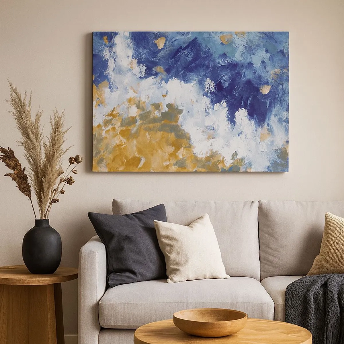 Quadro su tela - Stampe su Tela - Astrazione nei toni del blu, bianco e oro - 70x50cm - La danza degli elementi - Decorazione murale moderna per soggiorno e camera da letto ARTTOR