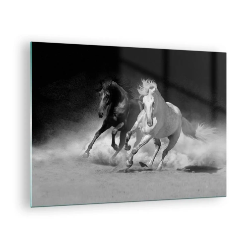 Quadro su vetro - Cavalli in corsa in bianco e nero - 70x50cm - Il galoppo della libertà - Decorazione murale moderna per soggiorno e camera da letto ARTTOR