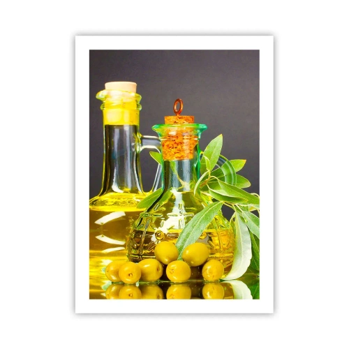 Poster - Bottiglie di olio d'oliva e olive verdi - 50x70cm - Natura morta con olive e olio - Decorazione murale moderna per soggiorno e camera da letto ARTTOR