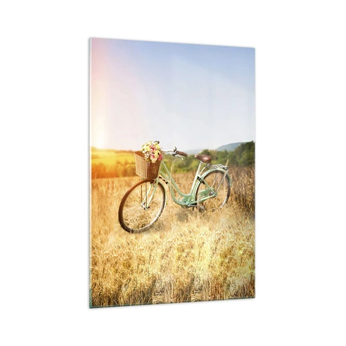 Quadro su vetro - Una bicicletta retrò con un cesto pieno di fiori sullo sfondo di un prato. - 70x100cm - Resto qui un attimo - Decorazione murale moderna per soggiorno e camera da letto ARTTOR