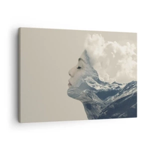 Quadro su tela - Stampe su Tela - Silhouette di una donna con un paesaggio montano sullo sfondo - 70x50cm - La bellezza degli elementi - Decorazione murale moderna per soggiorno e camera da letto ARTTOR