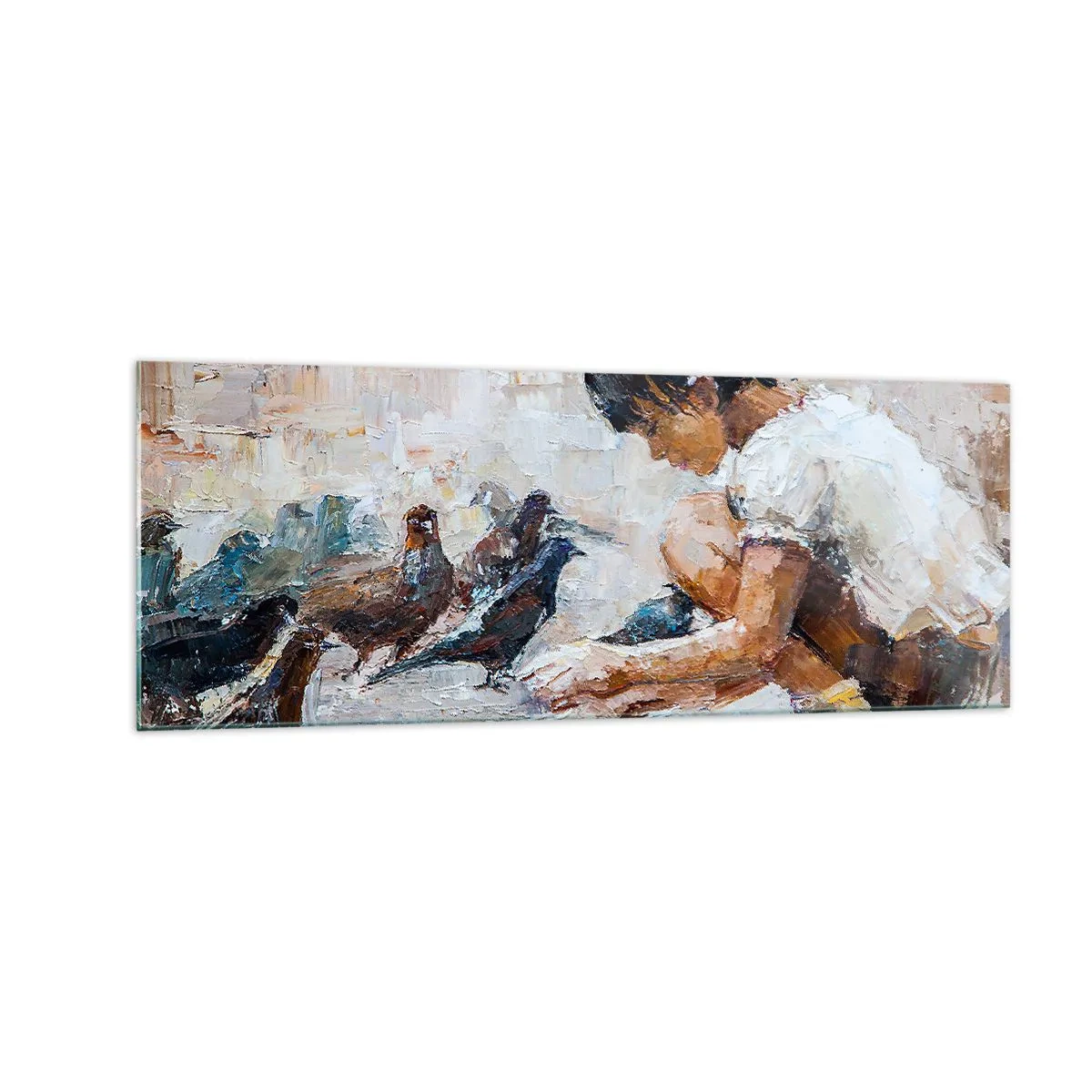 Quadro su vetro - Una ragazza che dà da mangiare agli uccelli in stile pittorico - 140x50cm - Piccoli e gentili - Decorazione murale moderna per soggiorno e camera da letto ARTTOR