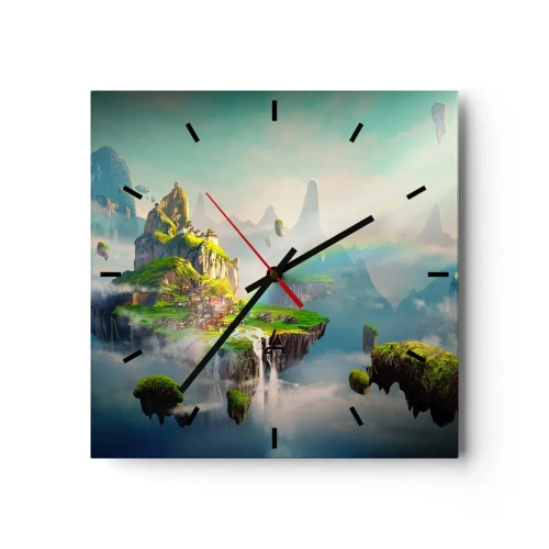 Orologio da parete - Orologio in Vetro - Isole volanti tra le nuvole con un arcobaleno all'orizzonte - 30x30cm - In mezzo al cielo: isole fortunate - Decorazione murale moderna per soggiorno e camera da letto ARTTOR