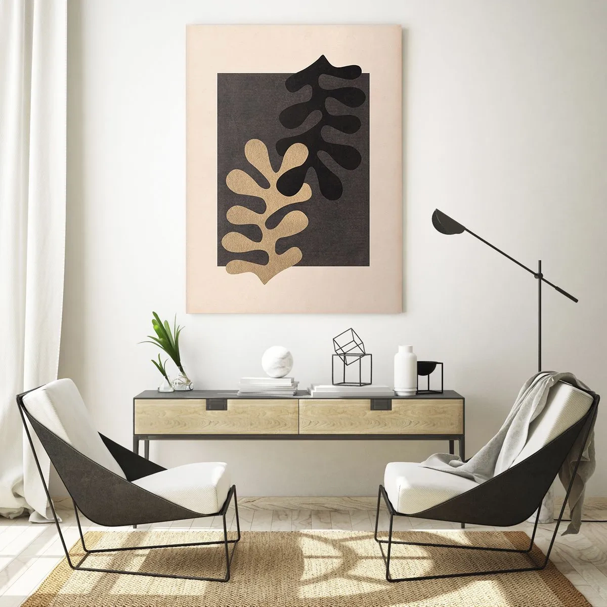 Quadro su vetro - Forme astratte in nero e beige su uno sfondo geometrico - 50x70cm - Assenza e completamento - Decorazione murale moderna per soggiorno e camera da letto ARTTOR
