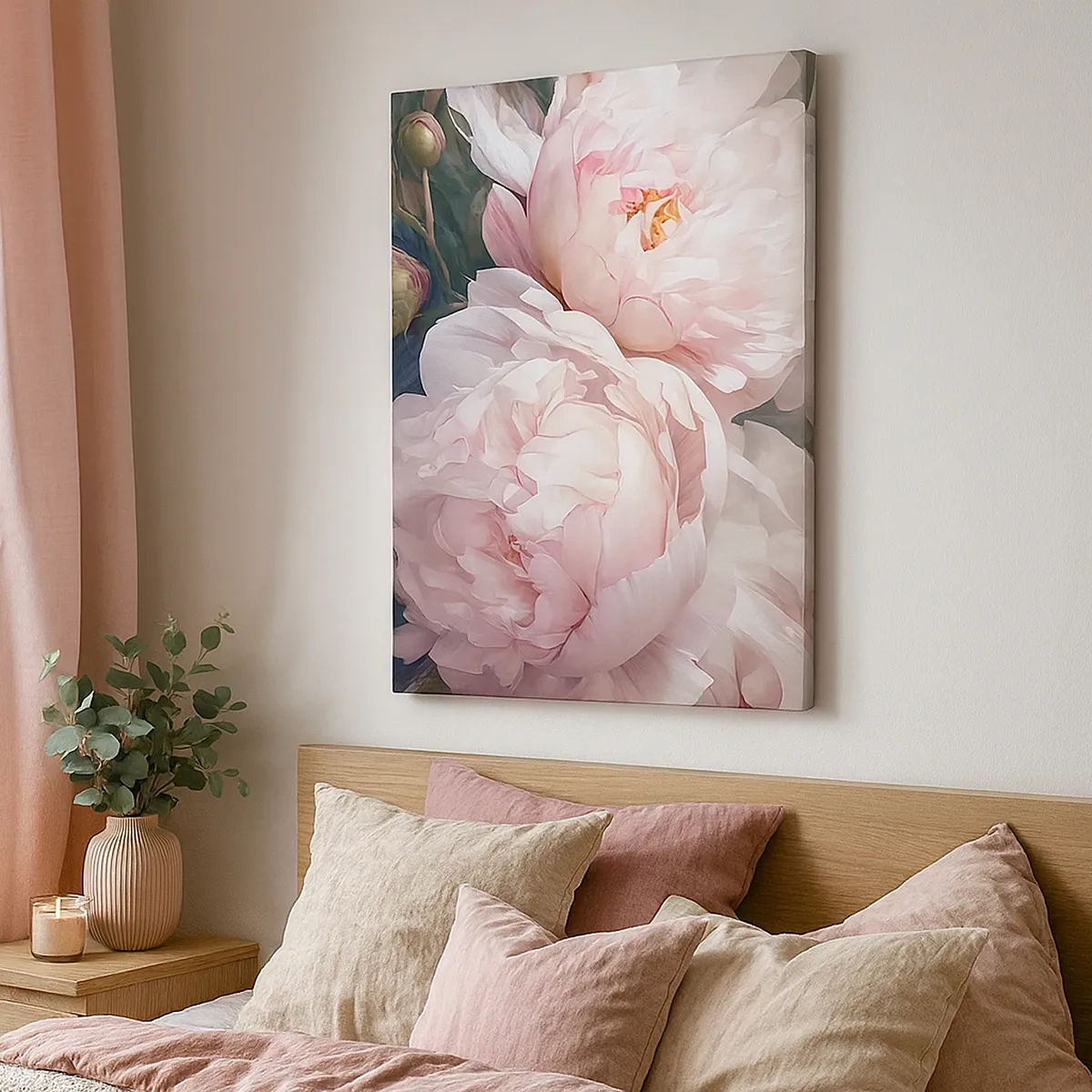 Quadro su tela - Stampe su Tela - Delicate peonie rosa in piena fioritura - 50x70cm - L'attimo della fioritura - Decorazione murale moderna per soggiorno e camera da letto ARTTOR