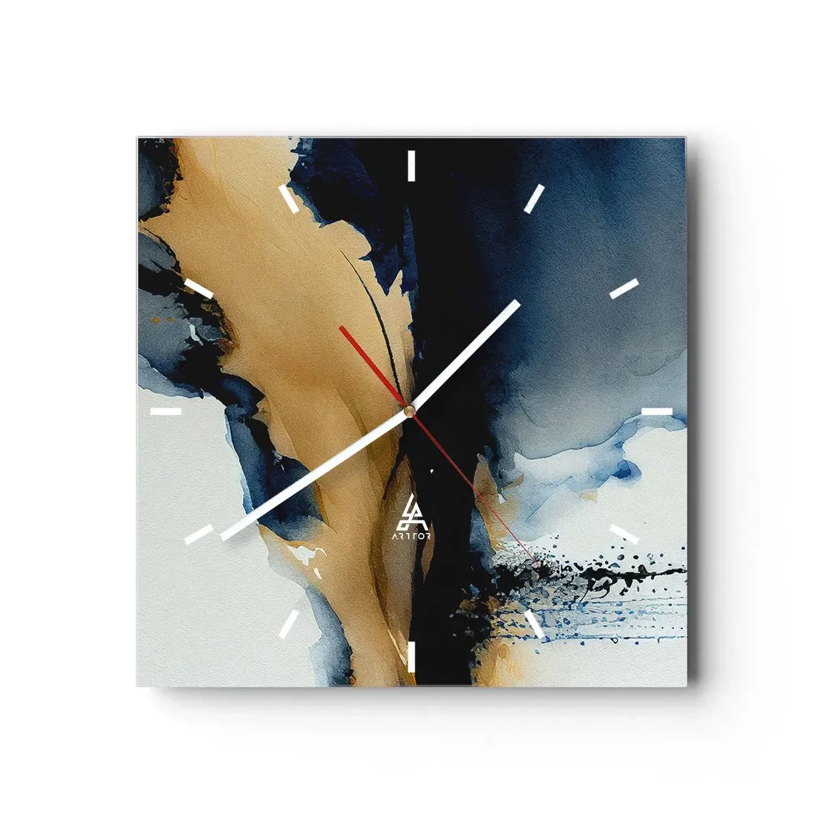 Orologio da parete - Orologio in Vetro - Una composizione astratta nei toni del blu navy e dell'oro - 30x30cm - Dietro la cortina - Decorazione murale moderna per soggiorno e camera da letto ARTTOR