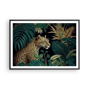 Poster in cornice nera - Leopardo tra foglie tropicali su sfondo nero - 100x70cm - Il signore della giungla - Decorazione murale moderna per soggiorno e camera da letto ARTTOR