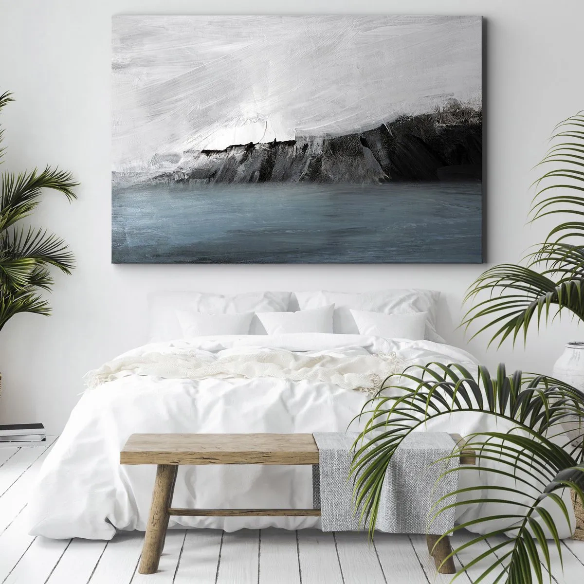 Quadro su tela - Stampe su Tela - Paesaggio astratto con acqua e una costa rocciosa - 100x70cm - Acqua-terra: lo scontro degli elementi - Decorazione murale moderna per soggiorno e camera da letto ARTTOR