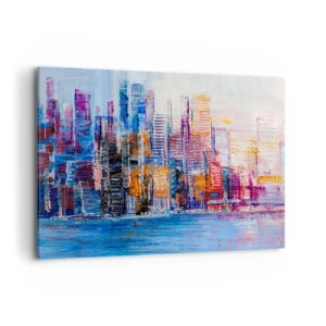 Quadro su tela - Stampe su Tela - Un panorama colorato della città con riflessi sull'acqua - 120x80cm - Metropoli gioiosa - Decorazione murale moderna per soggiorno e camera da letto ARTTOR