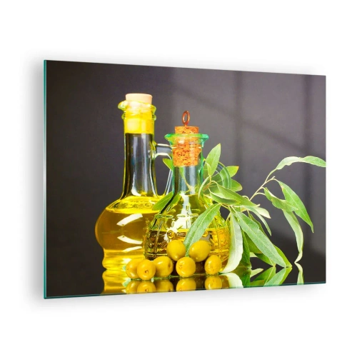 Quadro su vetro - Bottiglie di olio d'oliva e un ramo con olive sullo sfondo - 70x50cm - Natura morta con olive e olio - Decorazione murale moderna per soggiorno e camera da letto ARTTOR