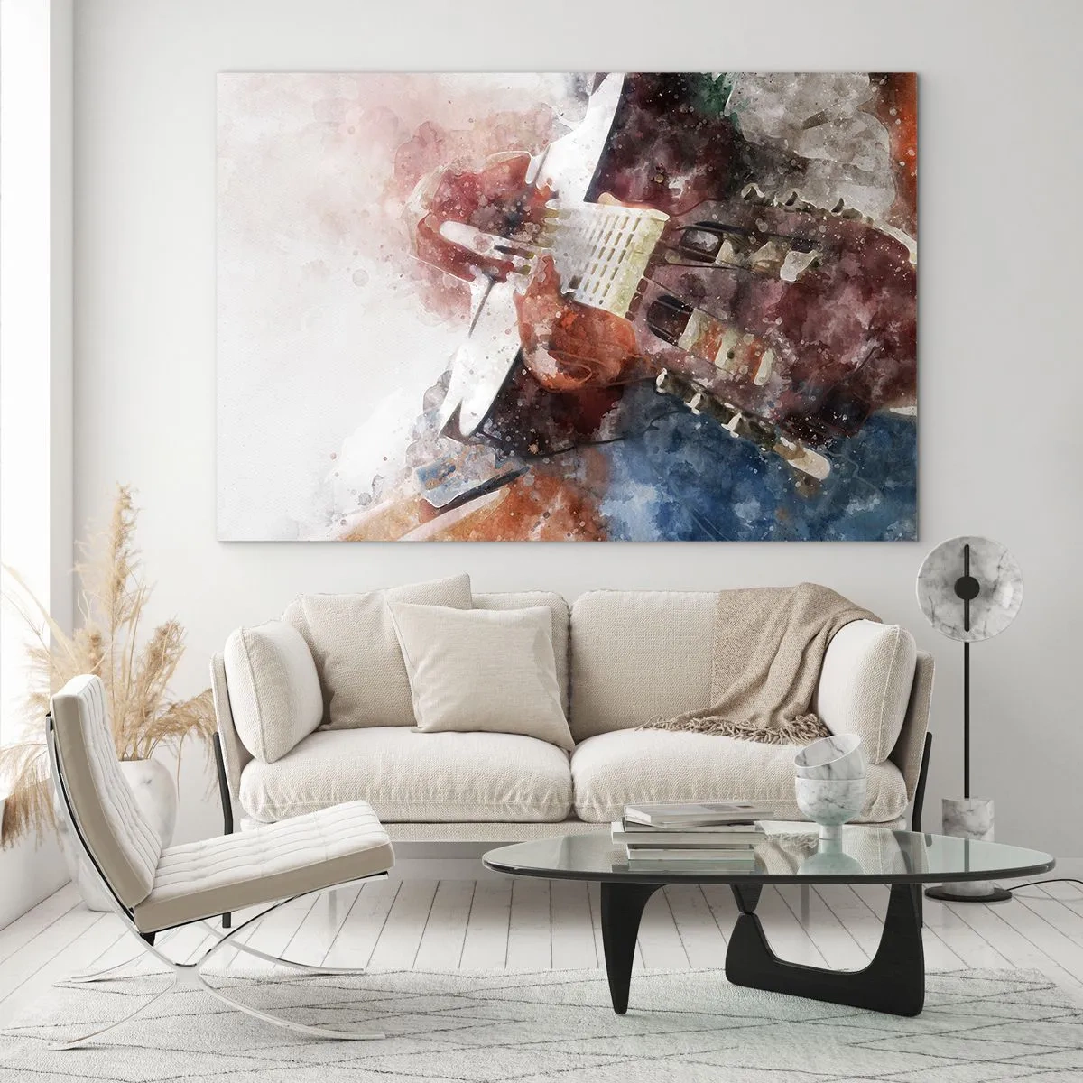 Quadro su vetro - Un dipinto ad acquerello di un chitarrista artistico - 100x70cm - E tu che ne pensi? - Decorazione murale moderna per soggiorno e camera da letto ARTTOR