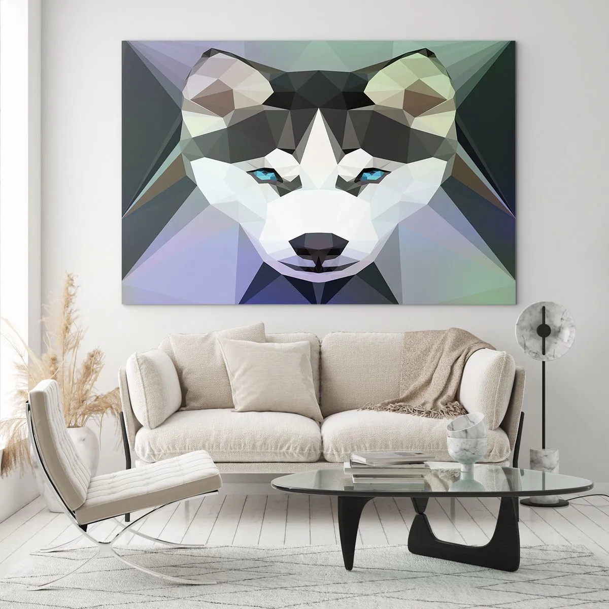 Quadro su vetro - Geometria del lupo in stile moderno - 70x50cm - Ricordo delle nevi del nord - Decorazione murale moderna per soggiorno e camera da letto ARTTOR