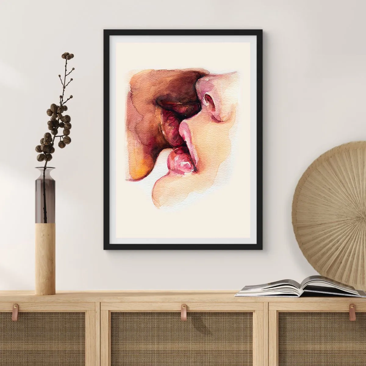 Poster in cornice nera - Labbra acquerellate in un bacio intimo su uno sfondo chiaro - 50x70cm - Come notte e giorno, terra e cielo - Decorazione murale moderna per soggiorno e camera da letto ARTTOR