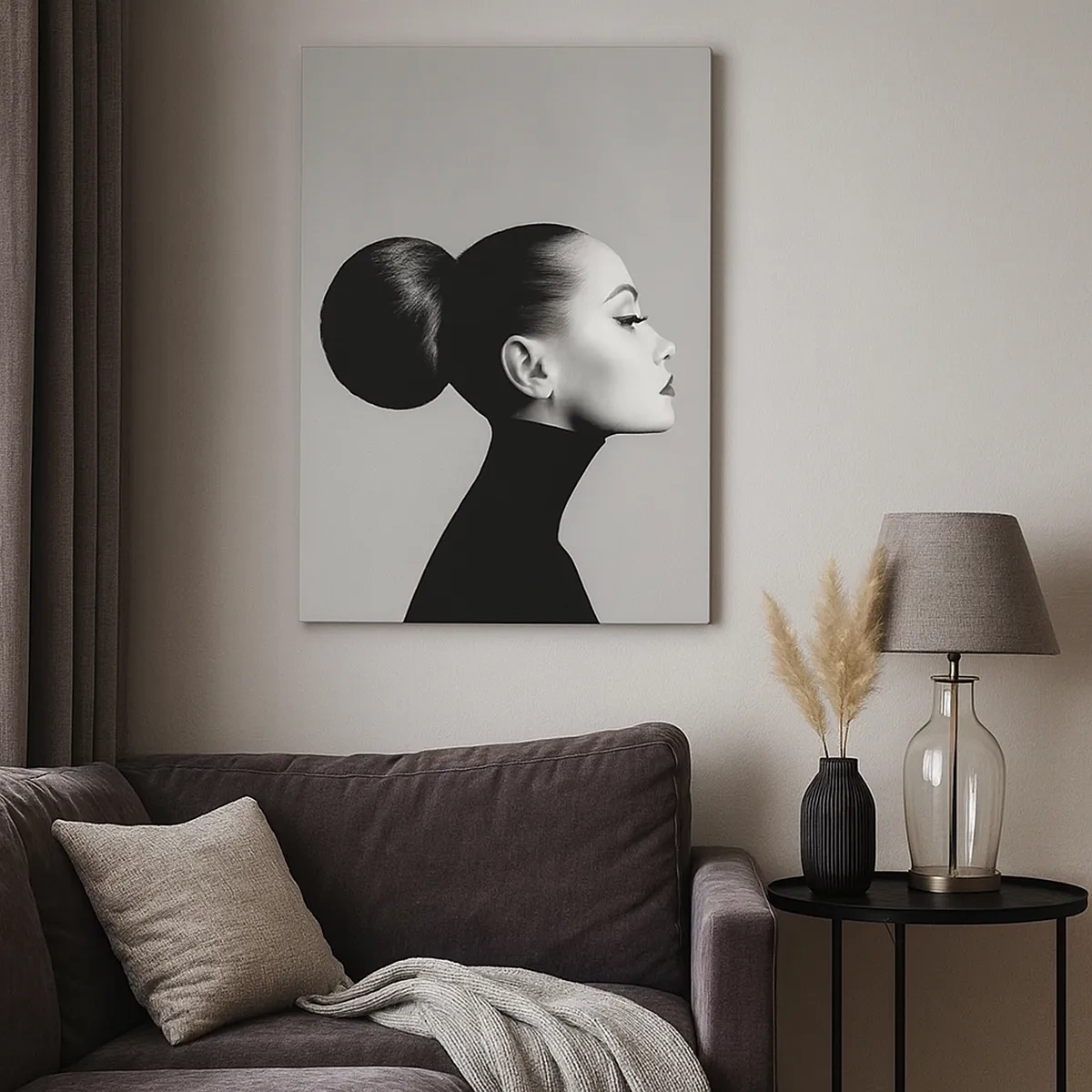 Quadro su tela - Stampe su Tela - Profilo di una donna in bianco e nero con un elegante chignon - 50x70cm - La Nefertiti di oggi - Decorazione murale moderna per soggiorno e camera da letto ARTTOR