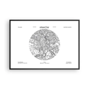 Poster in cornice nera - Una mappa di Cracovia in stile minimalista - 100x70cm - Anatomia di Cracovia - Decorazione murale moderna per soggiorno e camera da letto ARTTOR