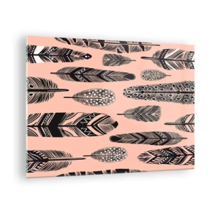 Quadro su vetro - Piume decorative con motivi bianchi e neri su sfondo rosa - 70x50cm - Collezione indiana - Decorazione murale moderna per soggiorno e camera da letto ARTTOR