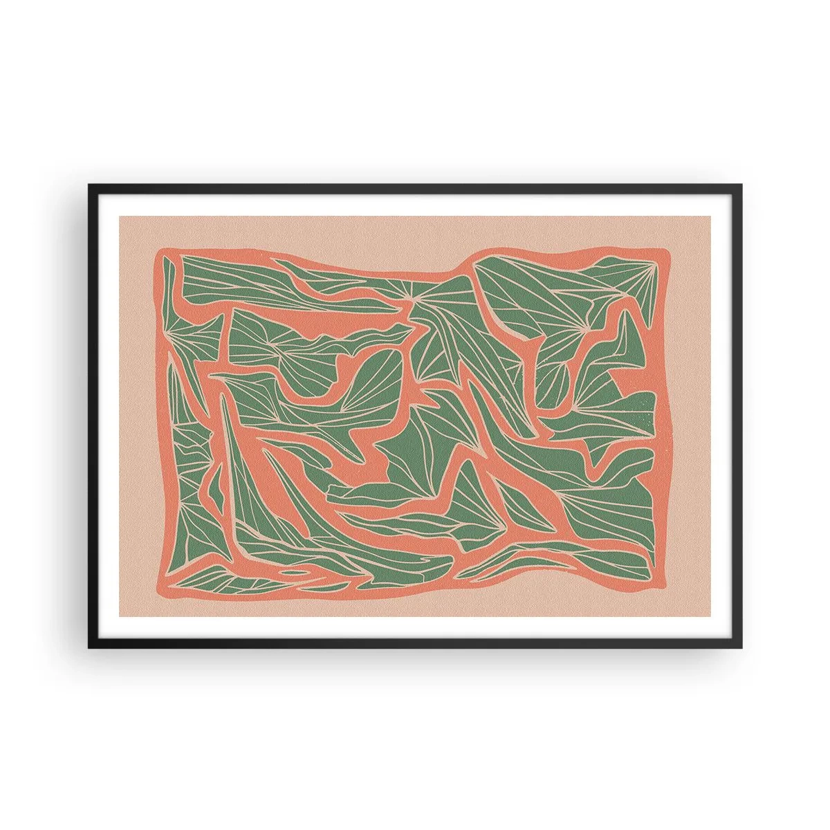 Poster in cornice nera - Un motivo vegetale nelle tonalità del verde e dell'arancione - 100x70cm - La lotta tra il corallo e il verde - Decorazione murale moderna per soggiorno e camera da letto ARTTOR
