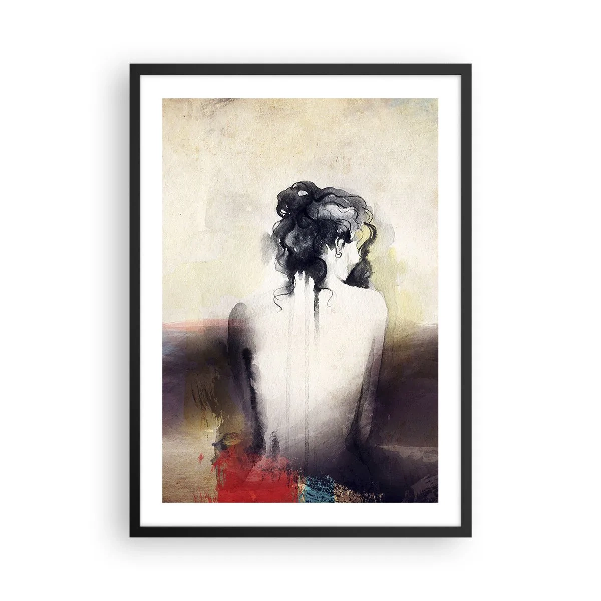 Poster in cornice nera - Un ritratto artistico di una donna di spalle, con colori tenui. - 50x70cm - Linee miti, forme ovali - Decorazione murale moderna per soggiorno e camera da letto ARTTOR