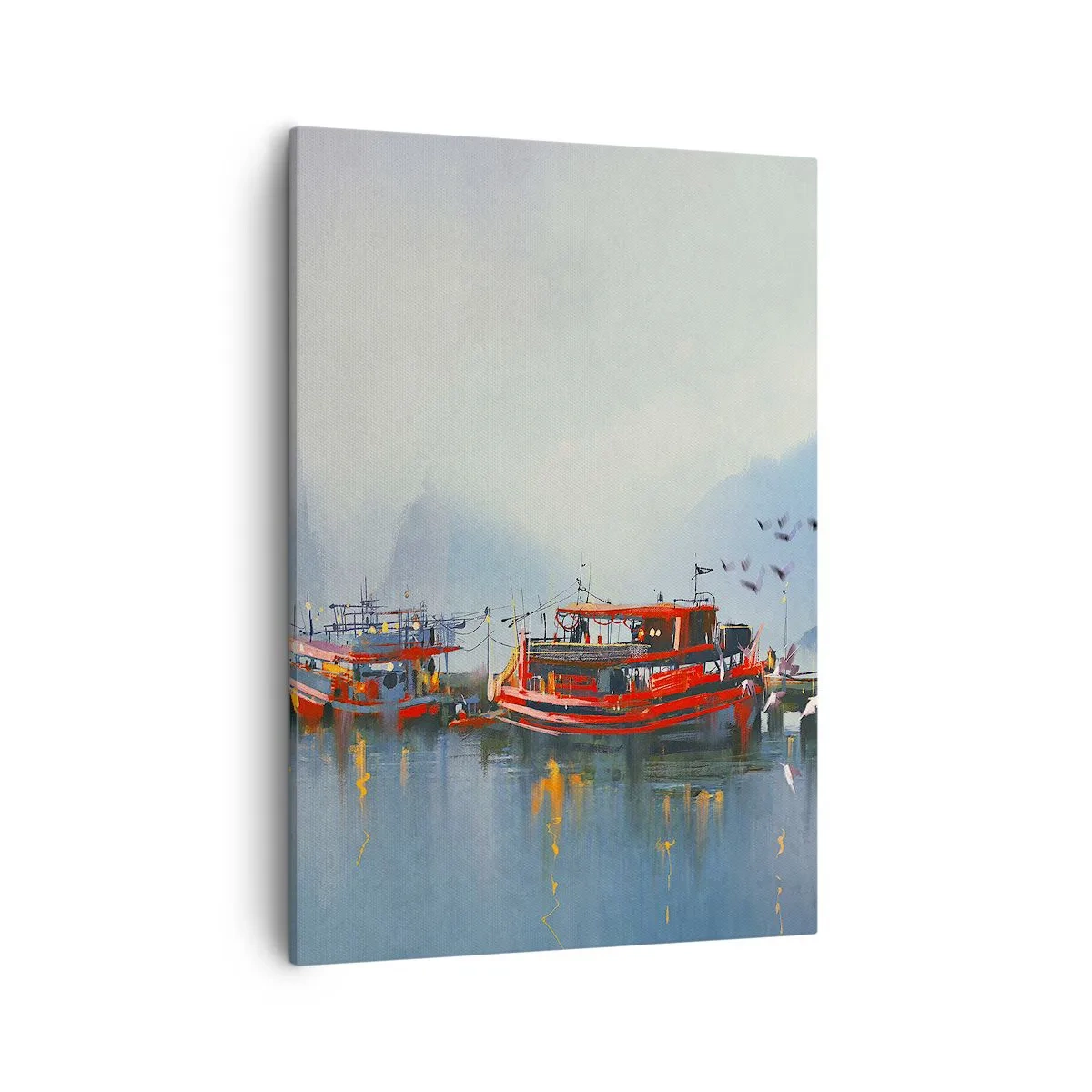 Quadro su tela - Stampe su Tela - Un porto con barche rosse circondato da un paesaggio nebbioso - 50x70cm - Alla fine del mondo - Decorazione murale moderna per soggiorno e camera da letto ARTTOR
