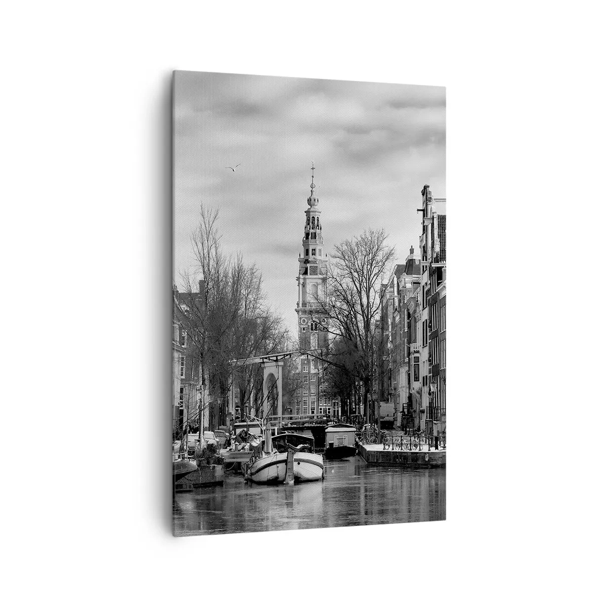 Quadro su tela - Stampe su Tela - Panorama in bianco e nero di Amsterdam con canale ed edifici storici - 80x120cm - Atmosfera di Amsterdam - Decorazione murale moderna per soggiorno e camera da letto ARTTOR