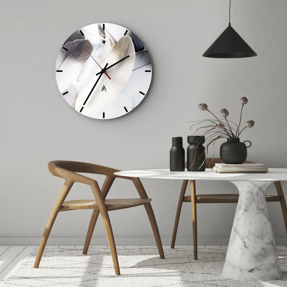 Orologio da parete - Orologio in Vetro - Piume delicate e luminose in una composizione artistica - 30x30cm - Quasi angeliche - Decorazione murale moderna per soggiorno, cucina e camera da letto ARTTOR