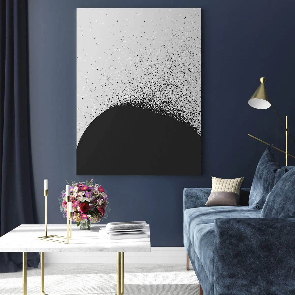 Quadro su vetro - Astrazione di una massa nera che cade a pezzi su uno sfondo bianco - 50x70cm - Il movimento delle particelle - Decorazione murale moderna per soggiorno e camera da letto ARTTOR