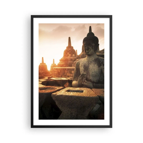 Poster in cornice nera - Statua del Buddha con templi sullo sfondo al tramonto - 50x70cm - La pagoda della grande saggezza - Decorazione murale moderna per soggiorno e camera da letto ARTTOR