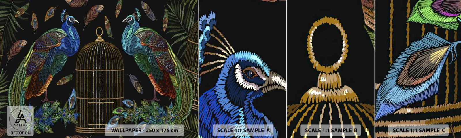 Campione di Fotomurale Adesivo Deluxe Sticker - Con gli abiti reali - Astrazione, Pavone, Piuma di pavone - 100x30 cm