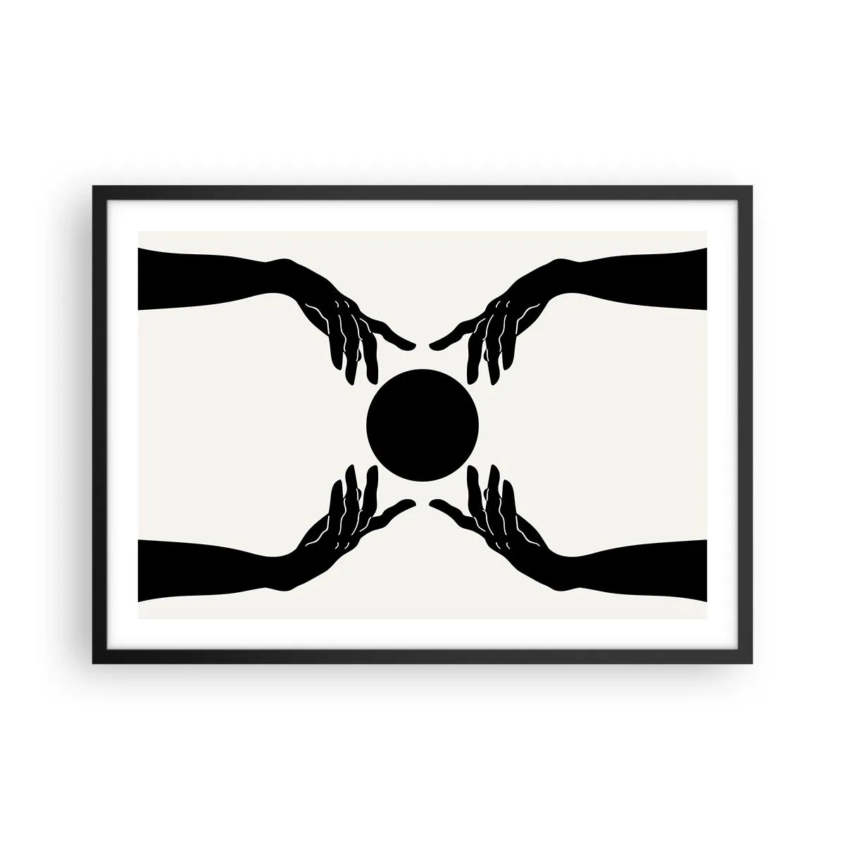Poster in cornice nera - Mani nere in una composizione simmetrica con una palla - 70x50cm - Segno misterioso - Decorazione murale moderna per soggiorno e camera da letto ARTTOR