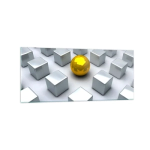 Quadro su vetro - Una sfera dorata che spicca tra i cubi d'argento - 120x50cm - Perché io? Composizione geometrica - Decorazione murale moderna per soggiorno e camera da letto ARTTOR