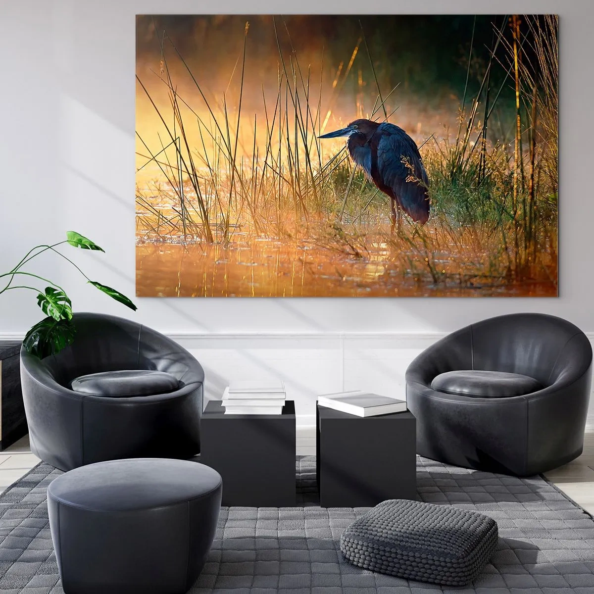 Quadro su vetro - Tramonto su un lago con un airone - 70x50cm - Basta con queste foto - Decorazione murale moderna per soggiorno e camera da letto ARTTOR