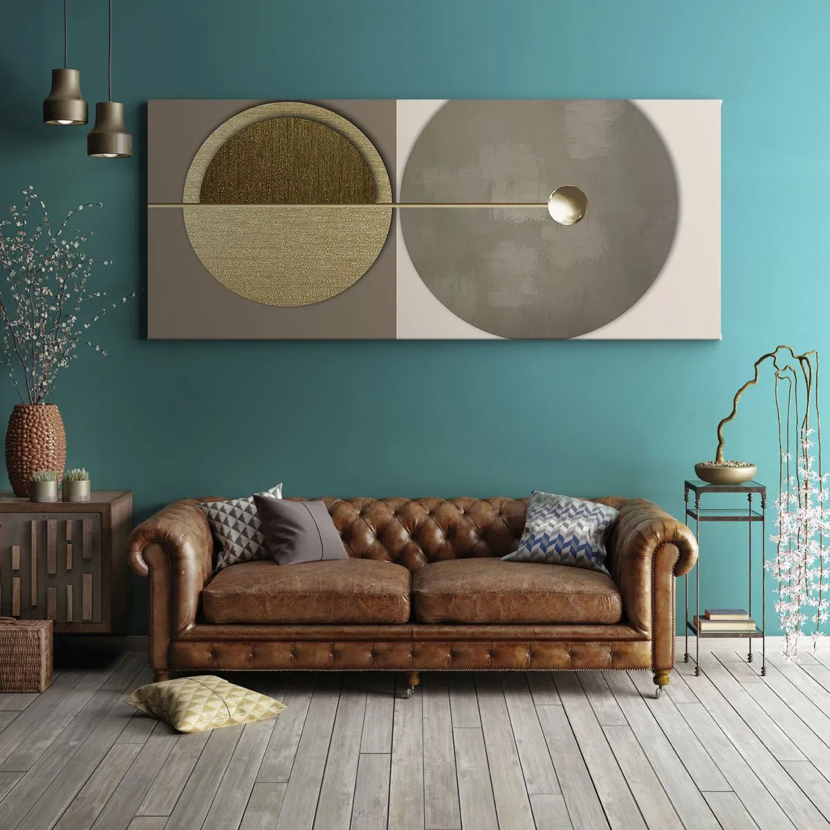 Quadro su tela - Stampe su Tela - Cerchi astratti nei toni dell'oro e del beige - 160x50cm - Equilibrio perfetto - Decorazione murale moderna per soggiorno e camera da letto ARTTOR