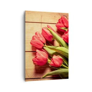 Quadro su tela - Stampe su Tela - Un mazzo di tulipani rosa su uno sfondo di legno - 70x100cm - Confessione primaverile - Decorazione murale moderna per soggiorno e camera da letto ARTTOR