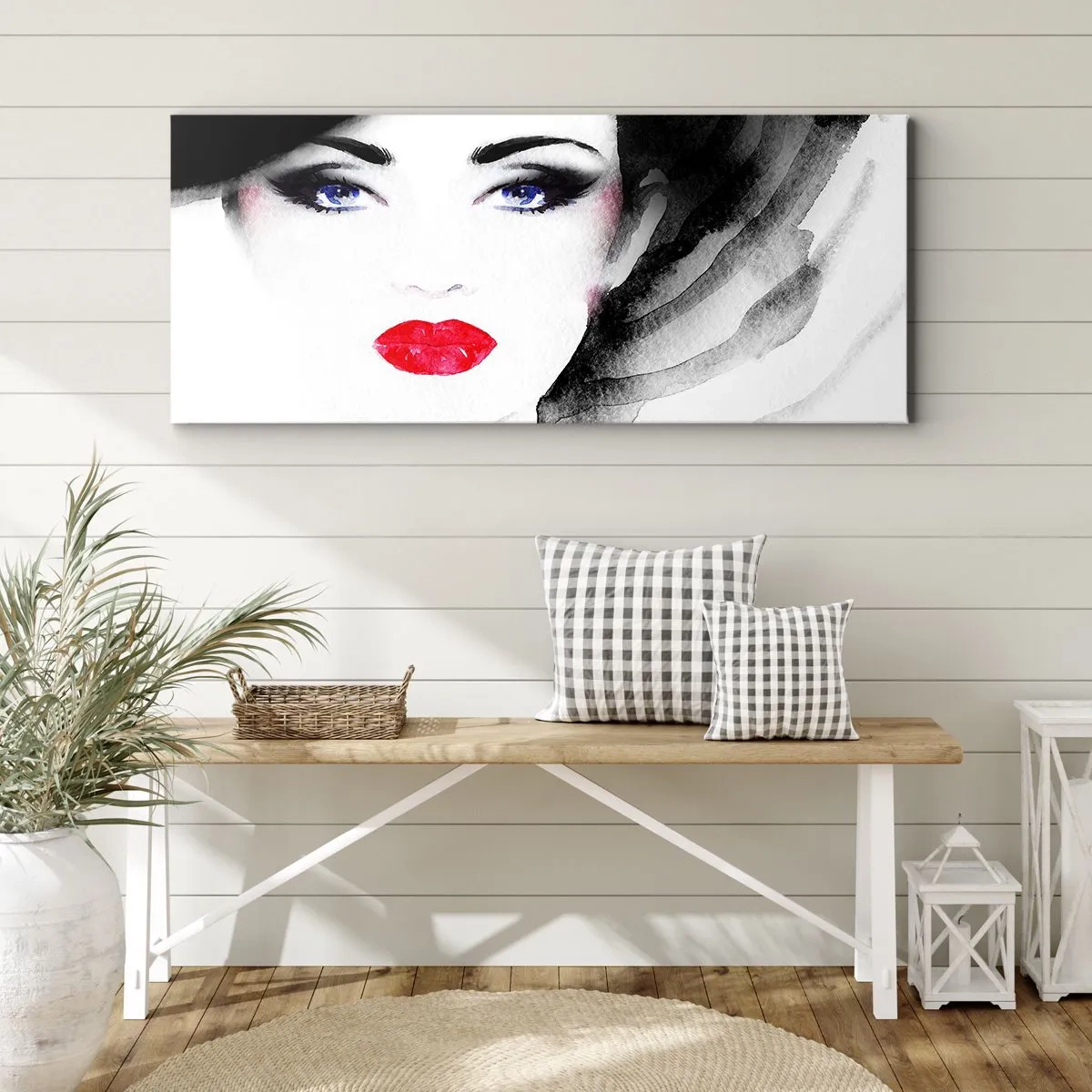 Quadro su tela - Stampe su Tela - Ritratto di una donna con labbra rosse e occhi azzurri intensi - 140x50cm - Respinge e richiama - Decorazione murale moderna per soggiorno e camera da letto ARTTOR