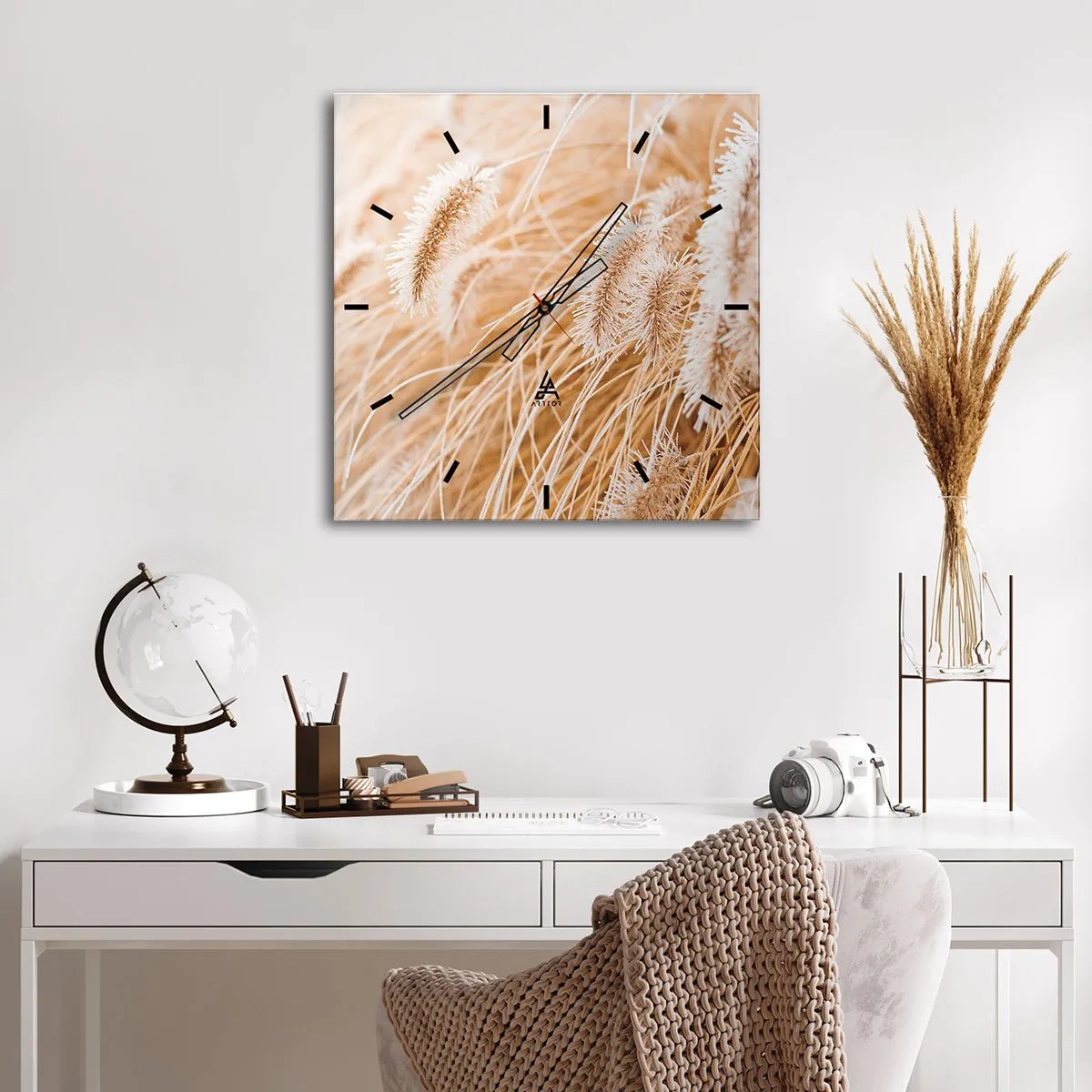 Orologio da parete - Orologio in Vetro - Primo piano di erbe dorate e delicate alla luce del sole - 30x30cm - Il fruscio dorato dell'erba - Decorazione murale moderna per soggiorno e camera da letto ARTTOR