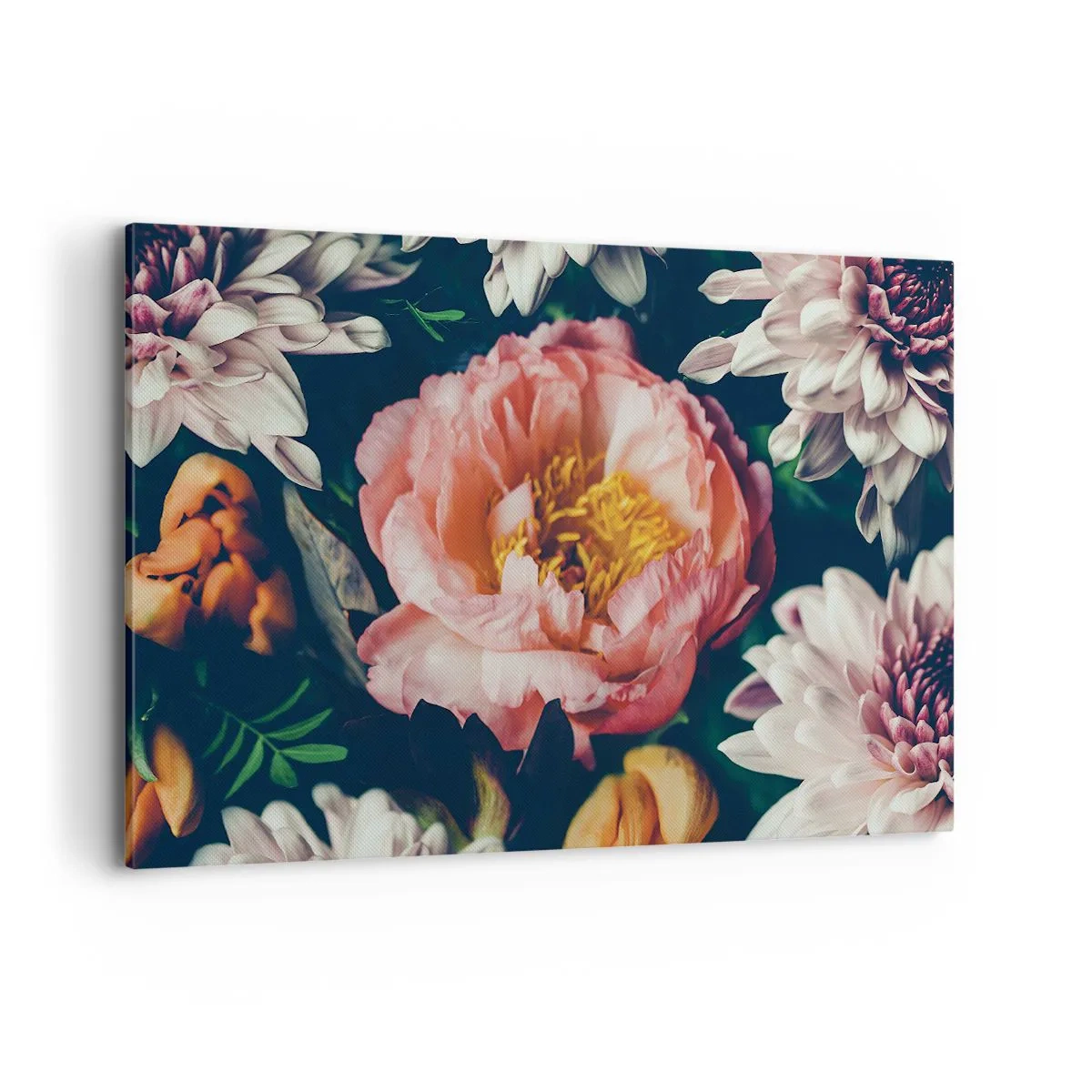 Quadro su tela - Stampe su Tela - Composizione floreale con peonia e crisantemi su sfondo scuro - 120x80cm - Con fasto barocco - Decorazione murale moderna per soggiorno e camera da letto ARTTOR