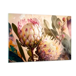 Quadro su vetro - Fiori di protea in toni caldi e luce soffusa - 120x80cm - Tenero abbraccio - Decorazione murale moderna per soggiorno e camera da letto ARTTOR