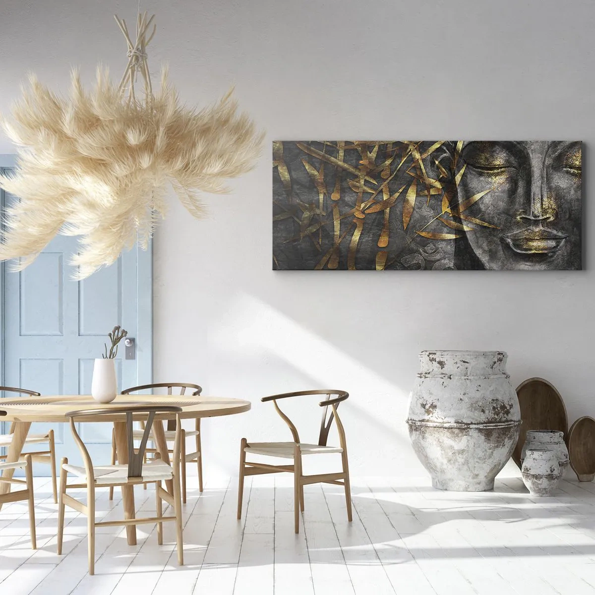 Quadro su tela - Stampe su Tela - Immagine del Buddha Zen con bambù dorati - 120x50cm - Senti la pace - Decorazione murale moderna per soggiorno e camera da letto ARTTOR