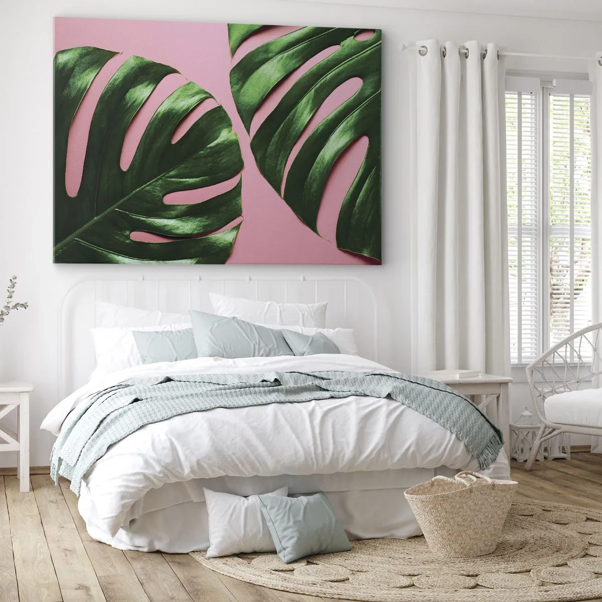 Quadro su tela - Stampe su Tela - Foglie di monstera verdi su sfondo rosa - 120x80cm - Appuntamento in verde - Decorazione murale moderna per soggiorno e camera da letto ARTTOR
