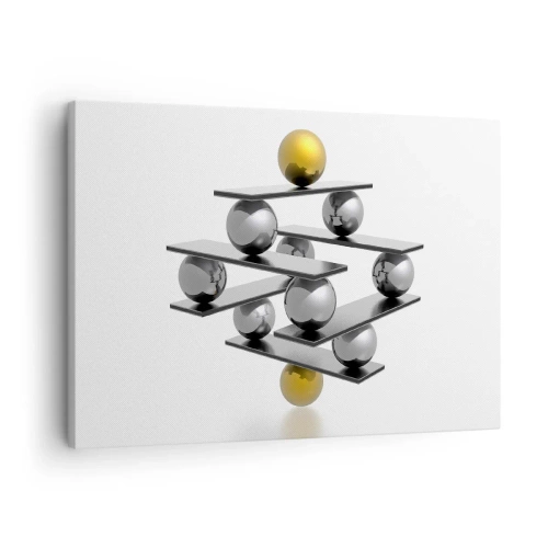 Quadro su tela - Stampe su Tela - Composizione geometrica con sfere metalliche e accenti dorati - 70x50cm - Equilibrio oro e argento - Decorazione murale moderna per soggiorno e camera da letto ARTTOR