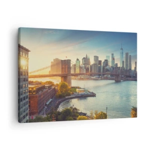 Quadro su tela - Stampe su Tela - Panorama della città con il ponte al tramonto - 70x50cm - L'alba nella grande città - Decorazione murale moderna per soggiorno e camera da letto ARTTOR