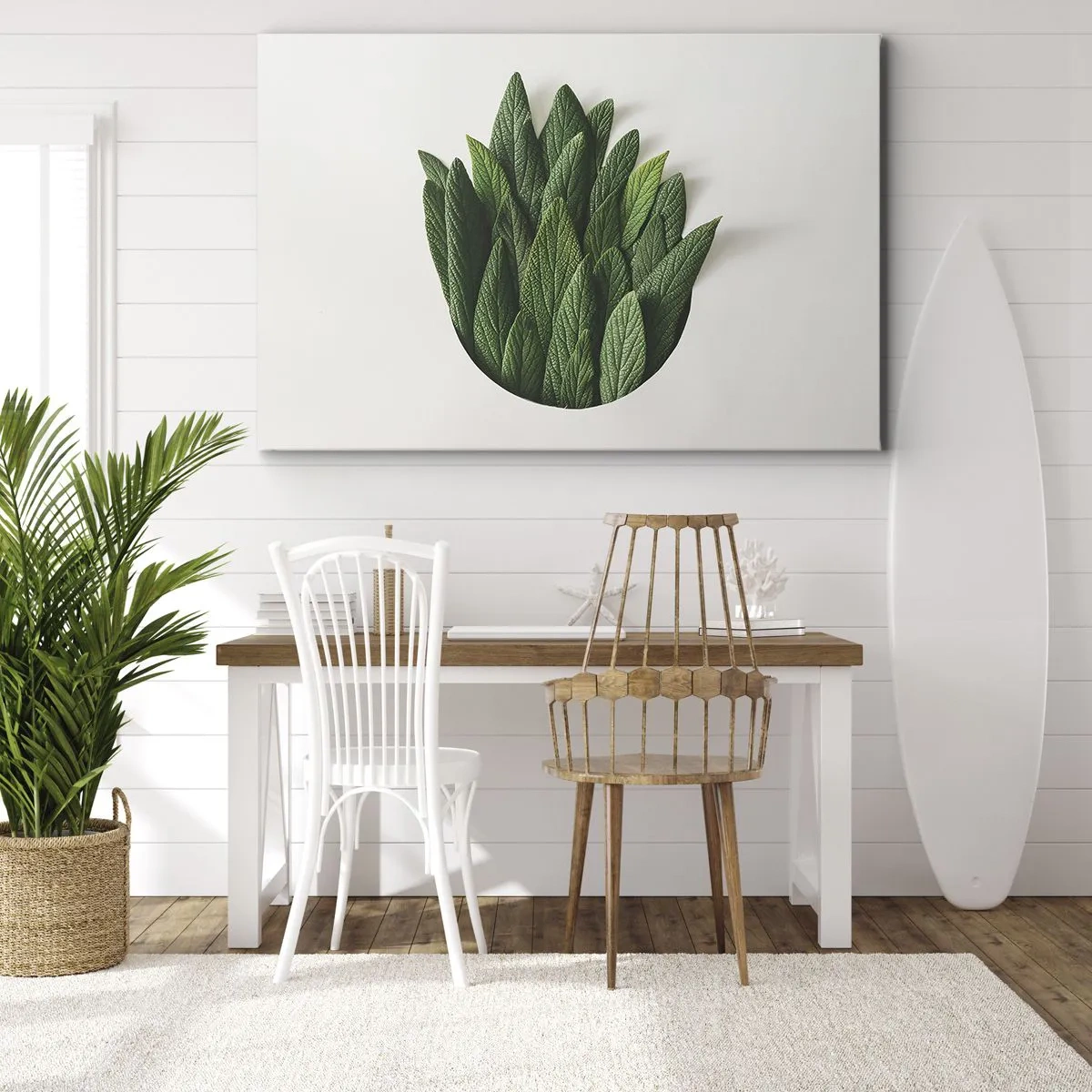 Quadro su tela - Stampe su Tela - Una composizione di foglie verdi su uno sfondo chiaro - 70x50cm - Curiosità irrefrenabile - Decorazione murale moderna per soggiorno e camera da letto ARTTOR