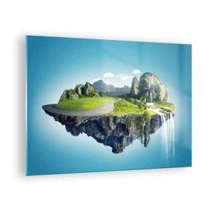 Quadro su vetro - Un'isola galleggiante con montagne, una cascata e vegetazione - 70x50cm - Isola fantastica - Decorazione murale moderna per soggiorno e camera da letto ARTTOR