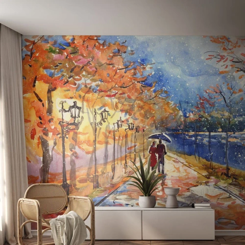 Fotomurali Premium Canvas - Una passeggiata autunnale nel parco sulla riva del fiume sotto l'ombrellone - 100x70cm - Insieme fino ai confini del tempo - Decorazione murale moderna per soggiorno e camera da letto ARTTOR