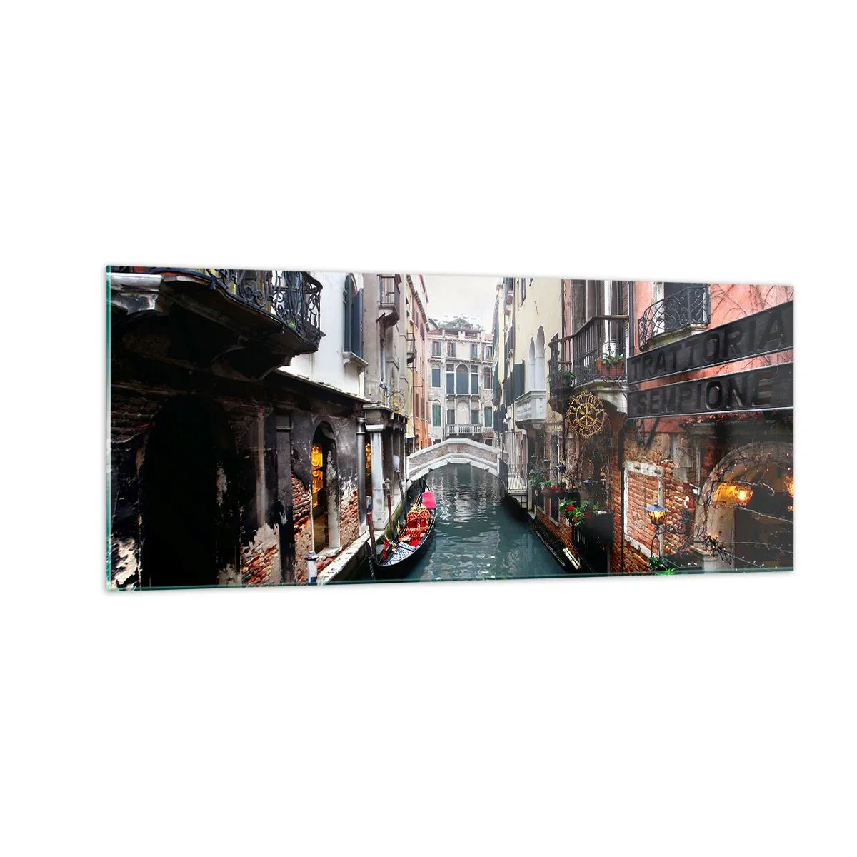 Quadro su vetro - Paesaggio veneziano con gondola e ponte - 100x40 cm