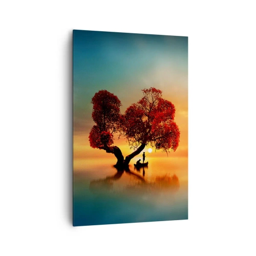 Quadro su tela - Stampe su Tela - Un albero dalle foglie rosse e una barca sull'acqua al tramonto - 80x120cm - Gli esiliati e il silenzio fuori dal mondo - Decorazione murale moderna per soggiorno e camera da letto ARTTOR