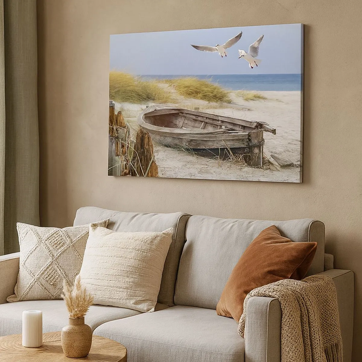 Quadro su tela - Stampe su Tela - Barca abbandonata su una spiaggia con gabbiani - 70x50cm - Bagnate dal vento - Decorazione murale moderna per soggiorno e camera da letto ARTTOR