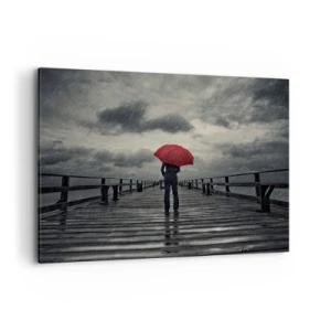 Quadro su tela - Stampe su Tela - Una persona con un ombrello rosso su un molo piovoso - 100x70cm - Non importa che piove - Decorazione murale moderna per soggiorno e camera da letto ARTTOR