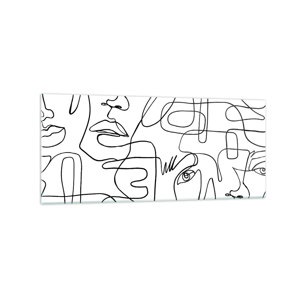 Quadro su vetro - Un disegno minimalista di un viso con linee su uno sfondo chiaro. - 120x50cm - Emozioni intrecciate - Decorazione murale moderna per soggiorno e camera da letto ARTTOR