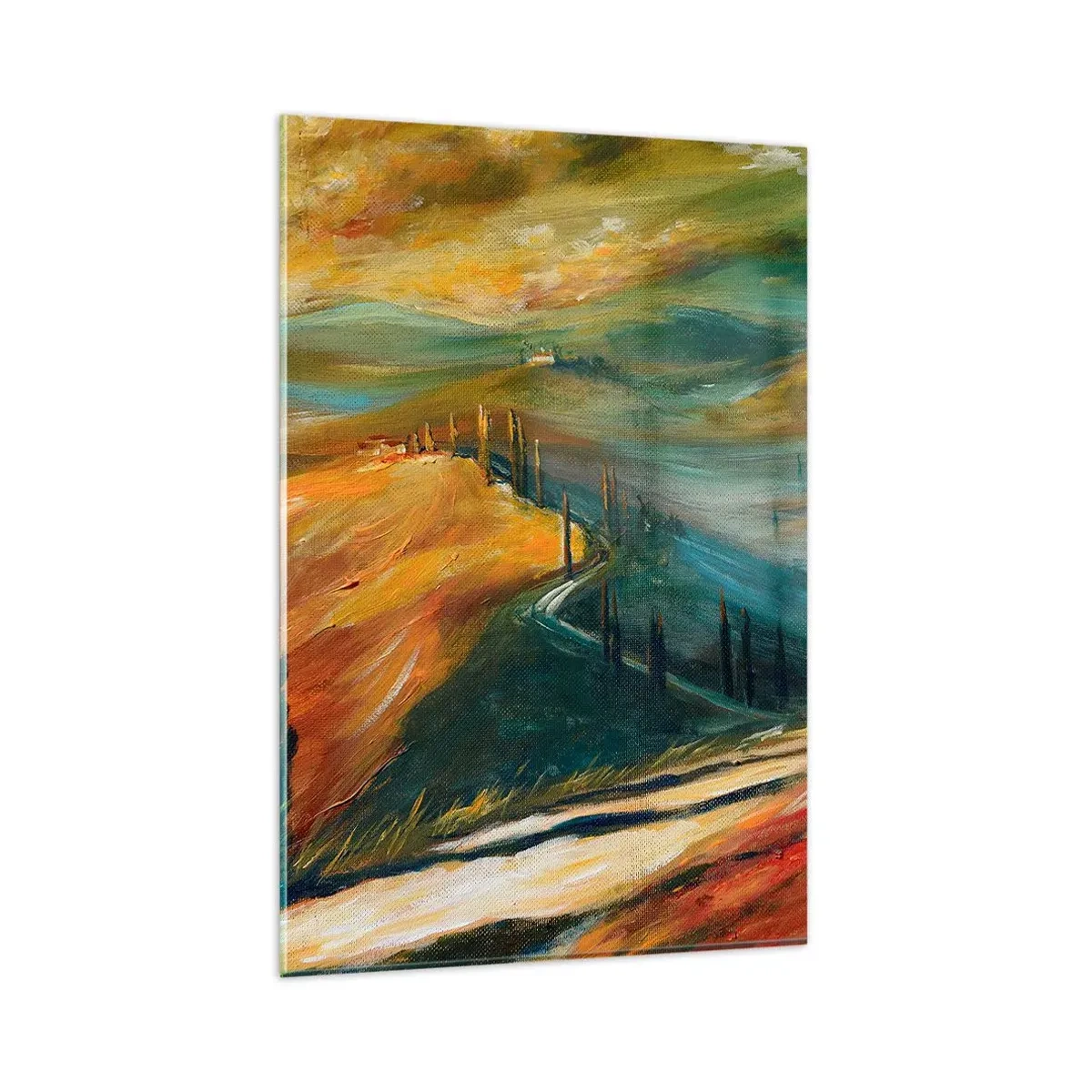 Quadro su vetro - Paesaggio toscano con campi, strada e cipressi - 80x120cm - Paesaggio toscano - Decorazione murale moderna per soggiorno e camera da letto ARTTOR